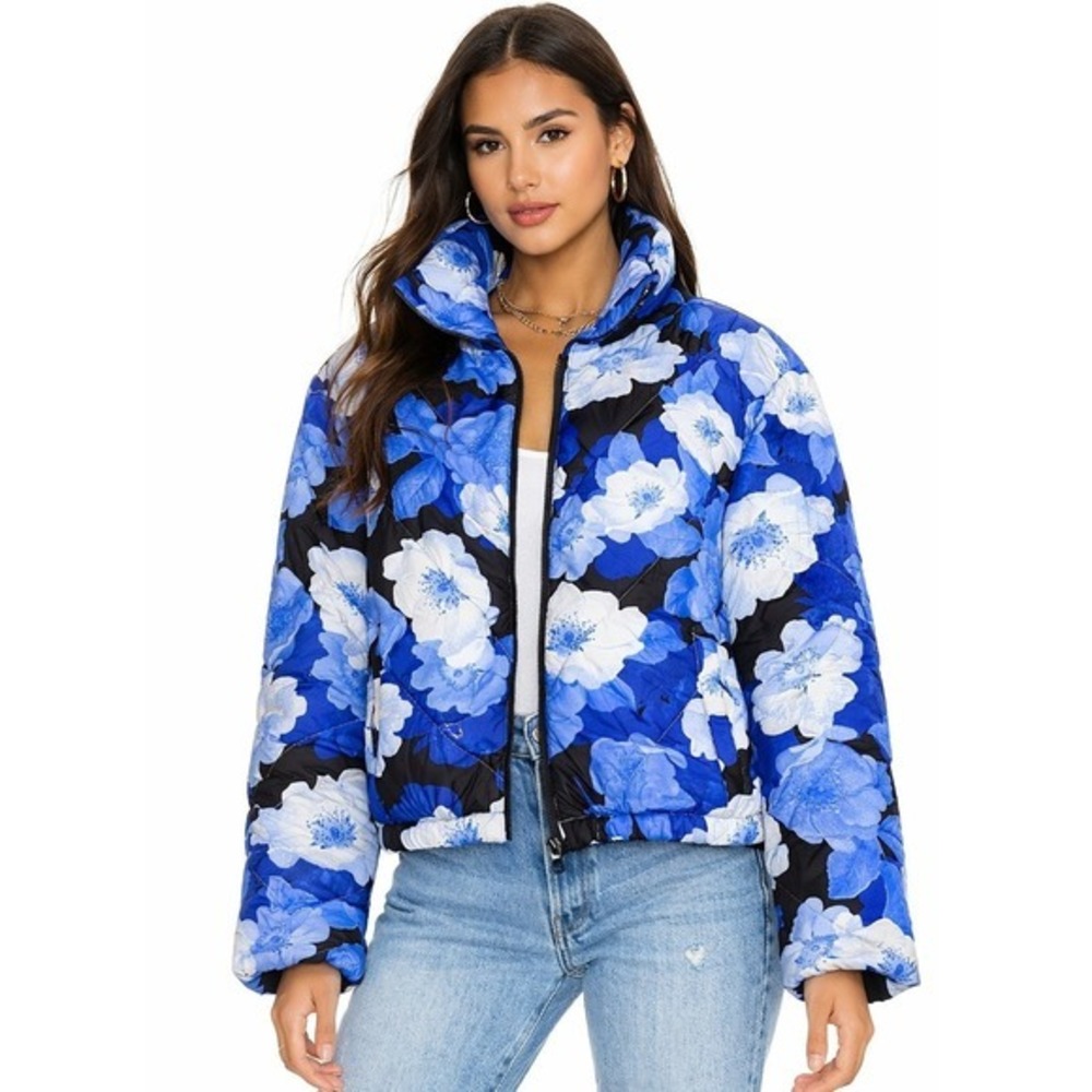 Electric & Rose Puffer Jacket Women Medium Blue Floral Print Time To‎ Live